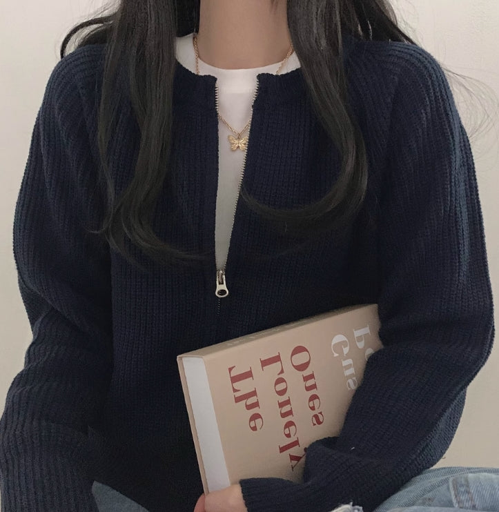 Blue Knitted Zip-Up Cardigan