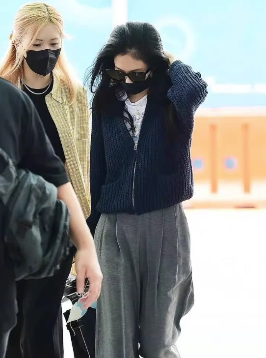 Blue Knitted Zip-Up Cardigan
