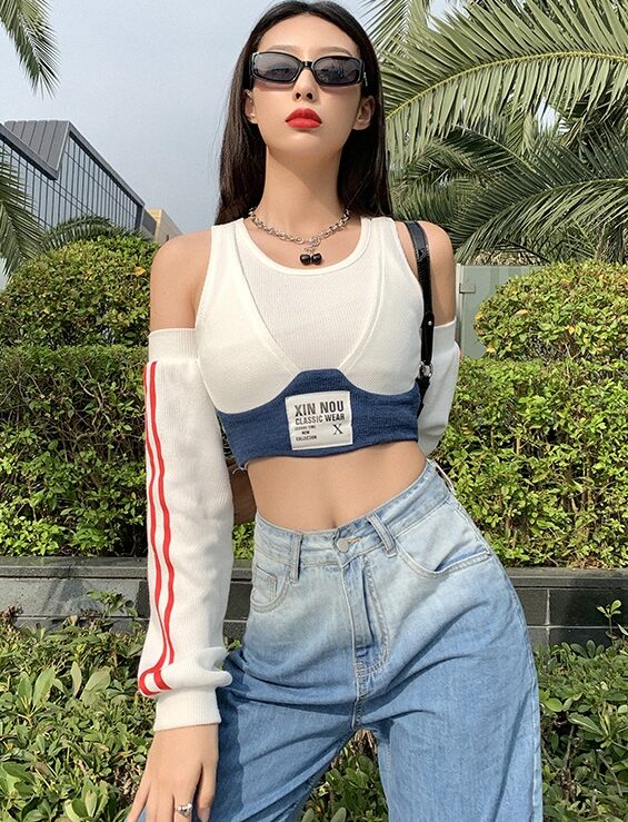 White Bra Crop Top With Arm Warmer Sleeves
