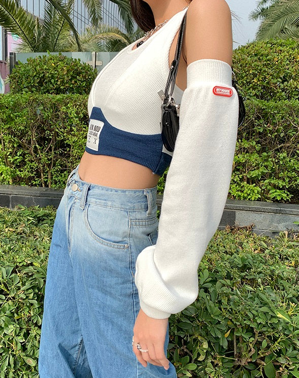 White Bra Crop Top With Arm Warmer Sleeves