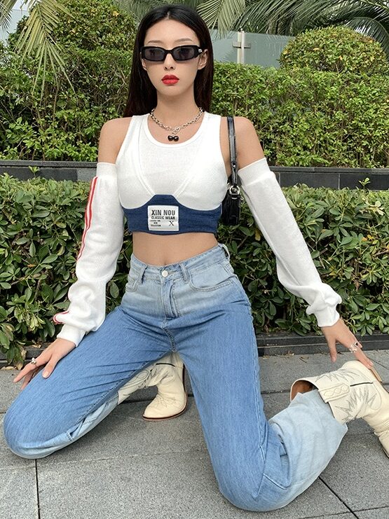 White Bra Crop Top With Arm Warmer Sleeves