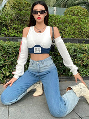 White Bra Crop Top With Arm Warmer Sleeves