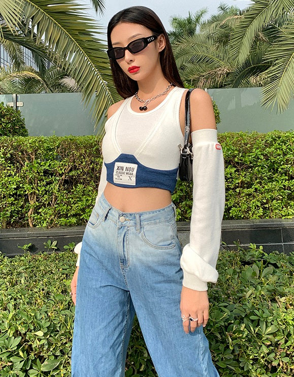 White Bra Crop Top With Arm Warmer Sleeves