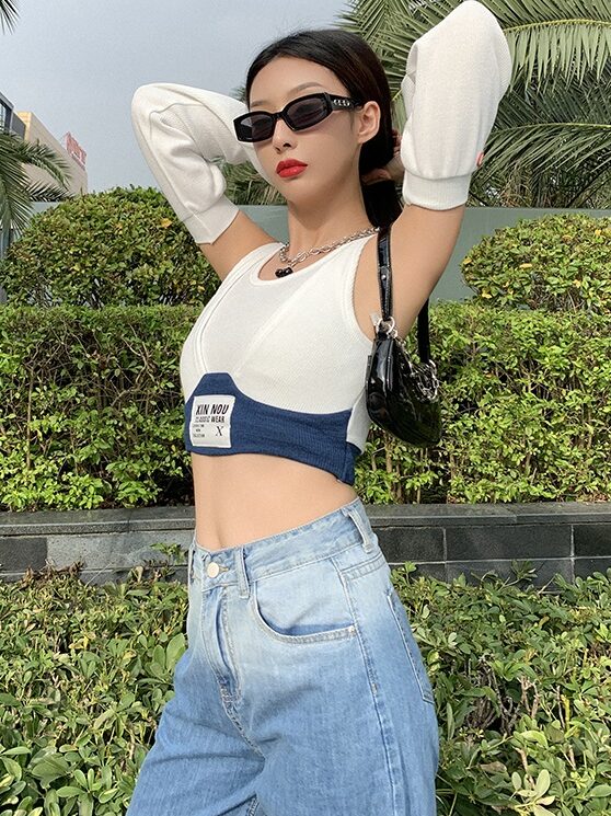 White Bra Crop Top With Arm Warmer Sleeves