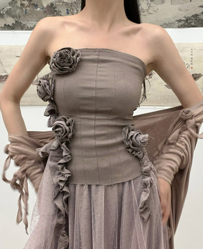 Brown Flower Embellished Tube Top