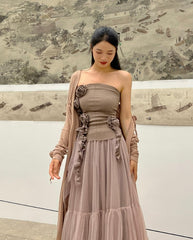 Brown Flower Embellished Tube Top