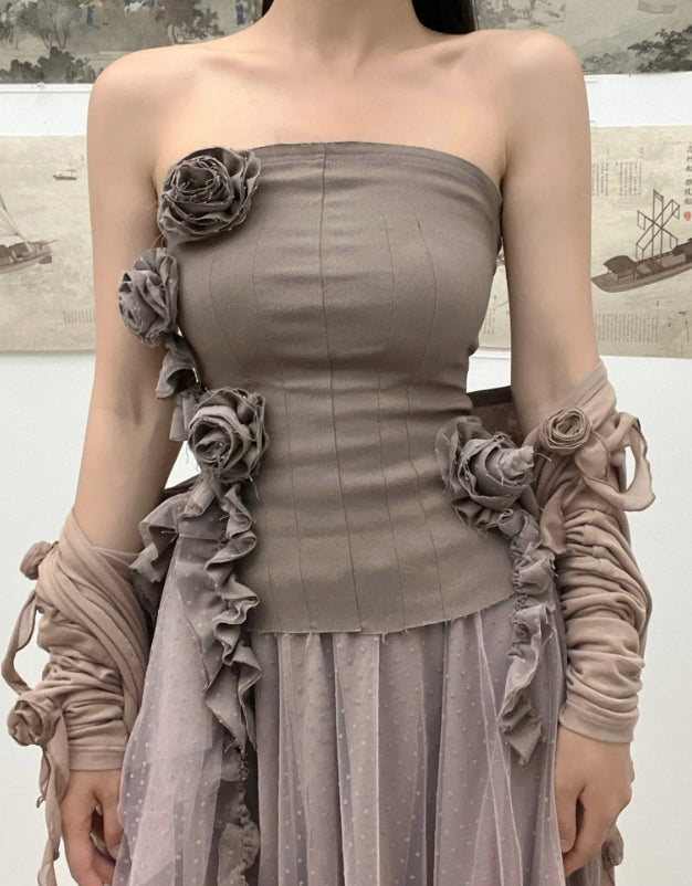 Brown Flower Embellished Tube Top
