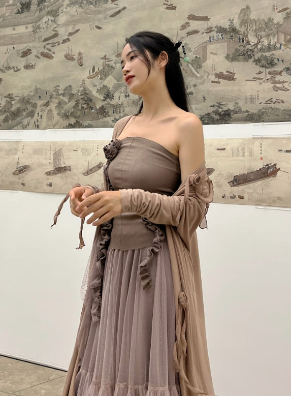 Brown Flower Embellished Tube Top