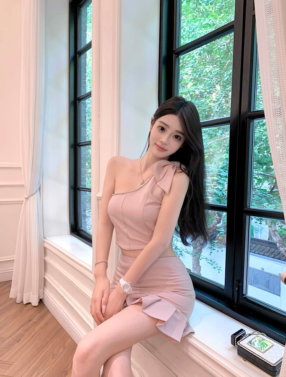 Pink Crystal Embellished Asymmetric Top