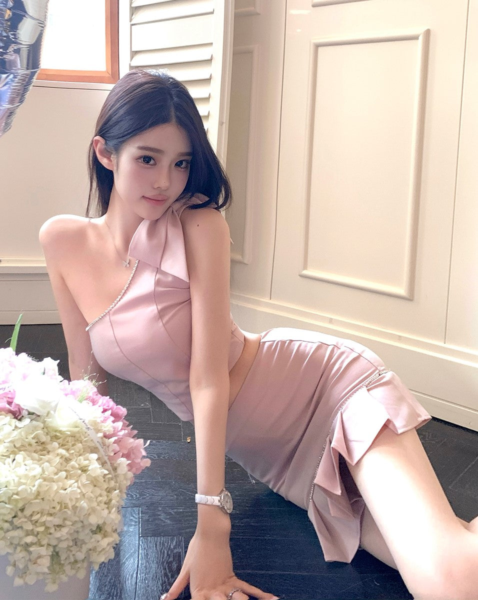 Pink Crystal Embellished Asymmetric Top