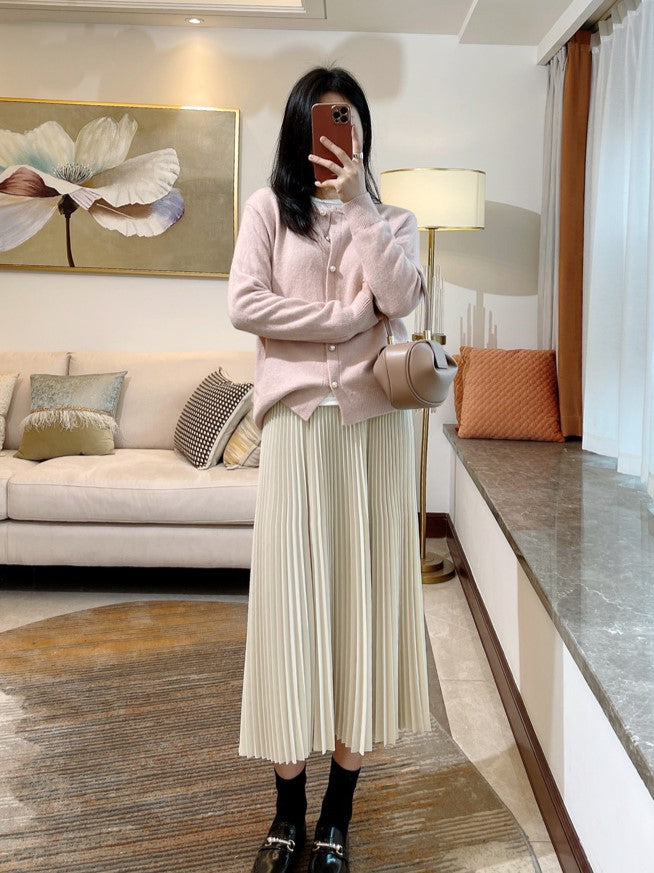 Pink Knitted Pearl-Buttoned Cardigan