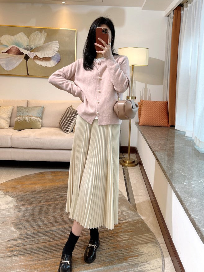 Pink Knitted Pearl-Buttoned Cardigan