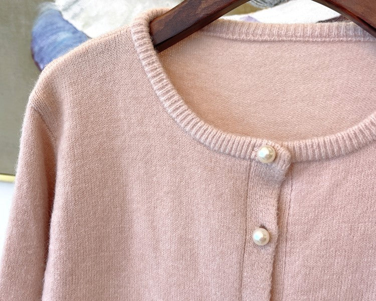 Pink Knitted Pearl-Buttoned Cardigan