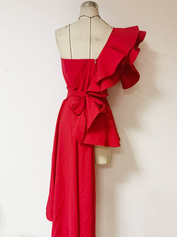Red Asymmetric Off Shoulder Ruffled Dress