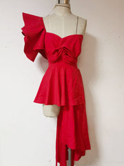 Red Asymmetric Off Shoulder Ruffled Dress