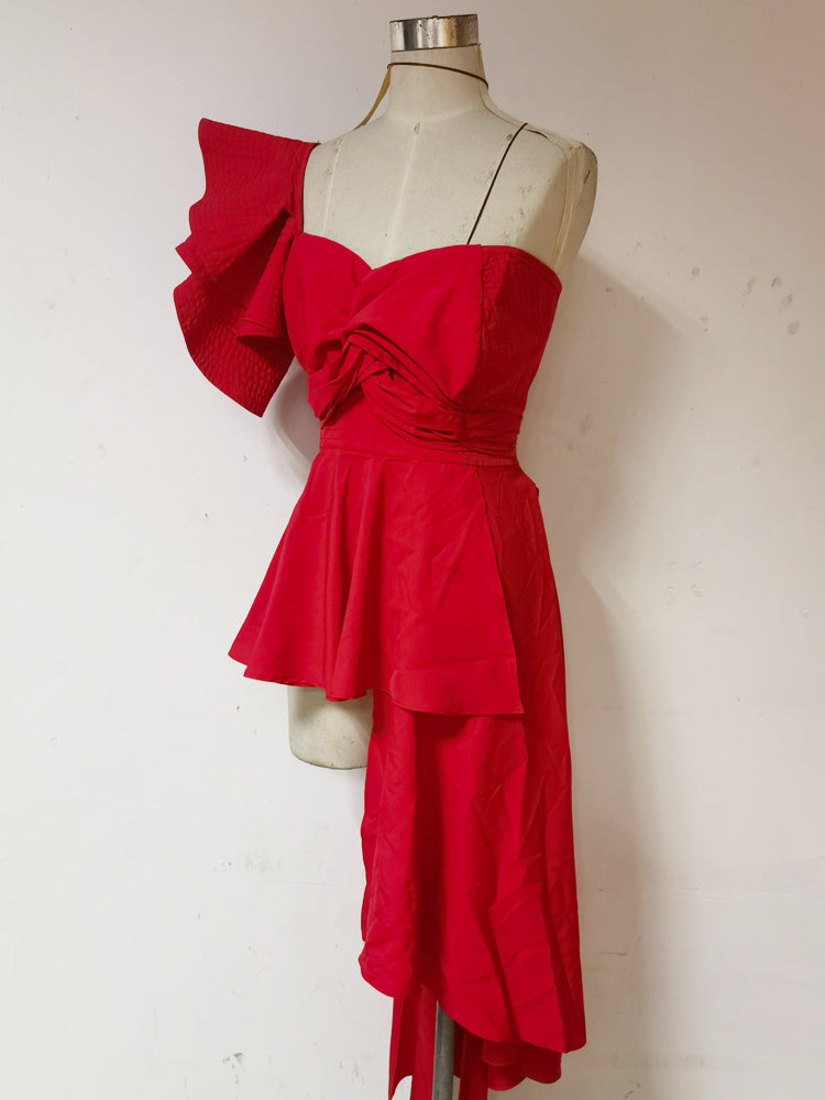 Red Asymmetric Off Shoulder Ruffled Dress