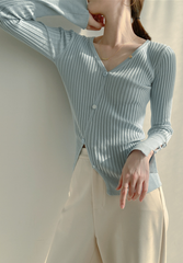 Blue Ripped V-Neck With Buttons Cardigan