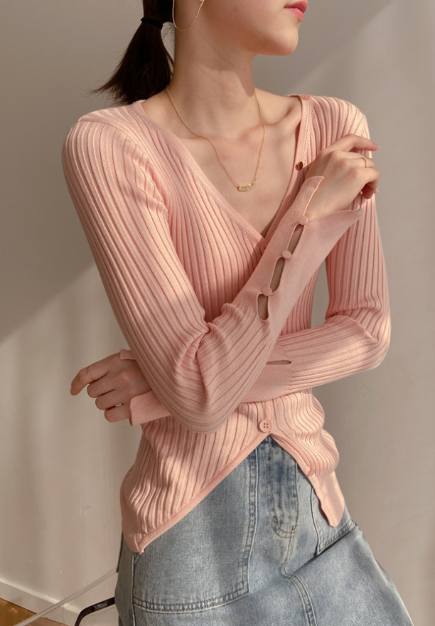Blue Ripped V-Neck With Buttons Cardigan