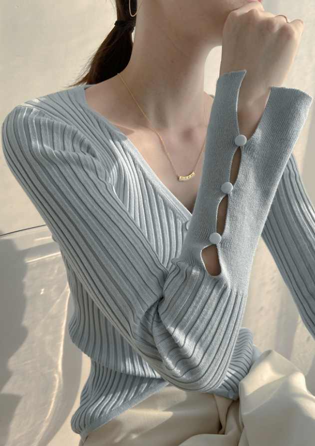Blue Ripped V-Neck With Buttons Cardigan