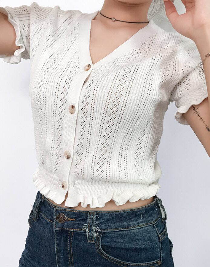 White V-Neck Knit Crop Top