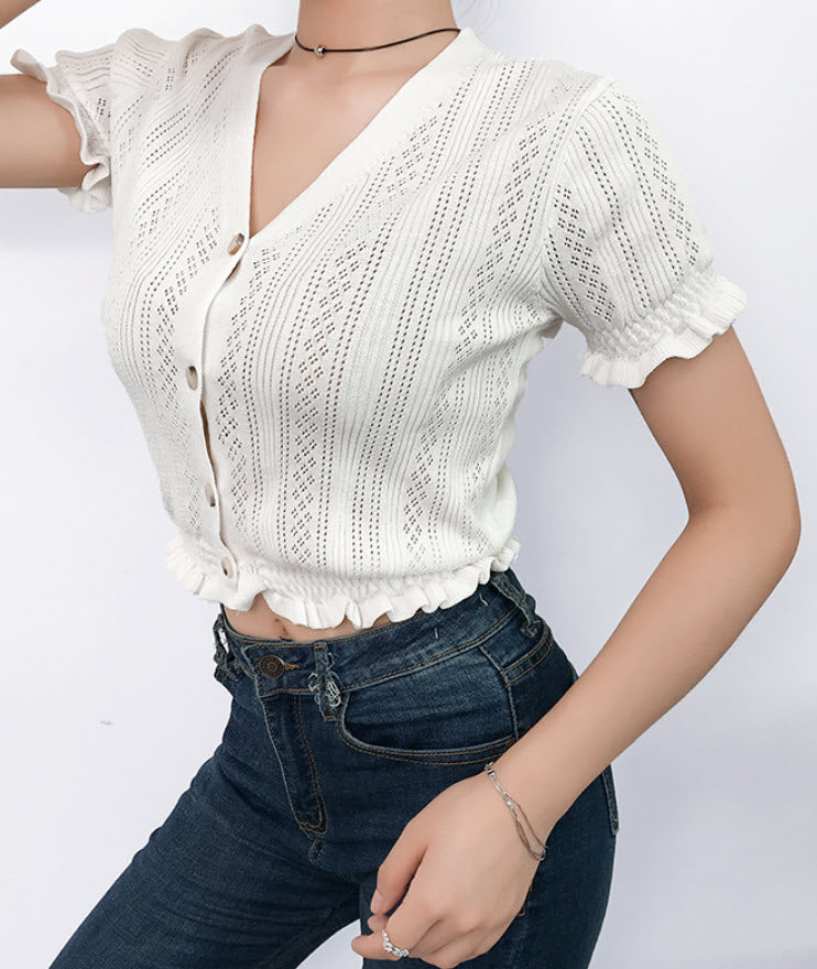 White V-Neck Knit Crop Top