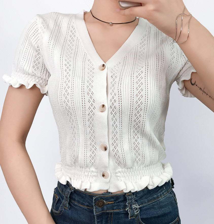White V-Neck Knit Crop Top