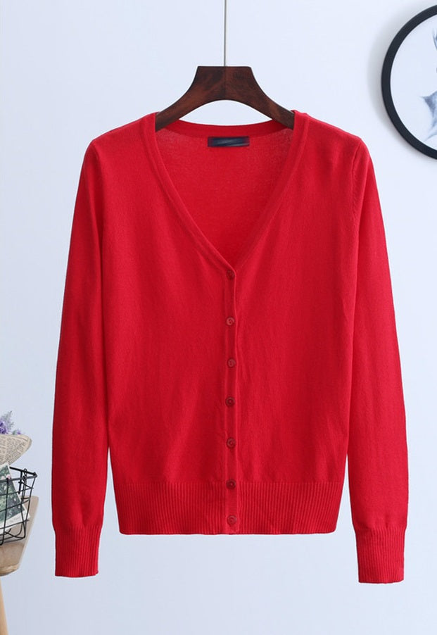 Red Knitted V-Neck Cardigan