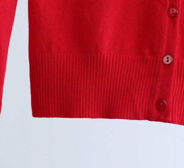 Red Knitted V-Neck Cardigan