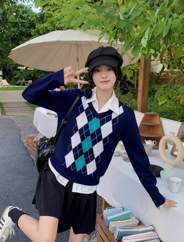 Navy Blue Argyle Sweater