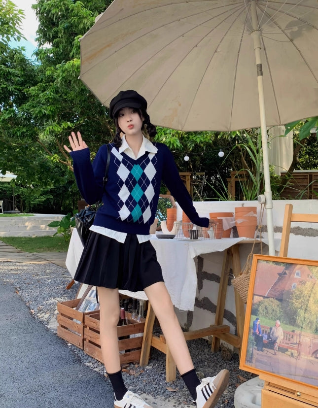 Navy Blue Argyle Sweater