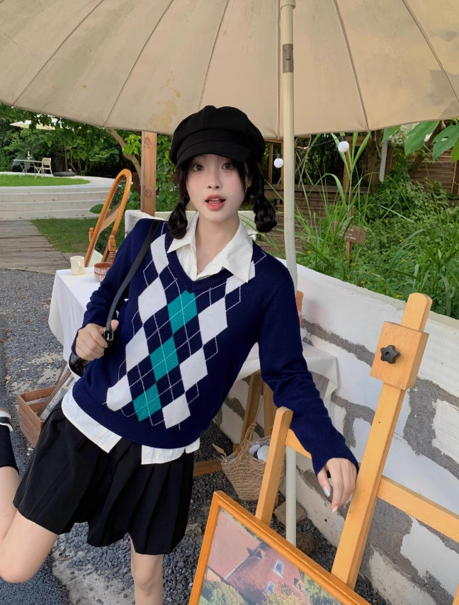 Navy Blue Argyle Sweater