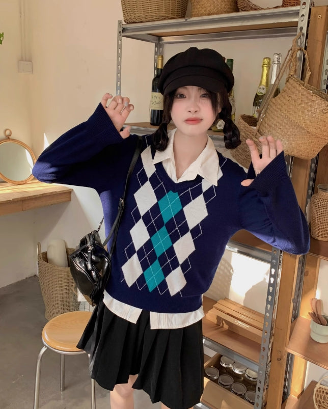 Navy Blue Argyle Sweater
