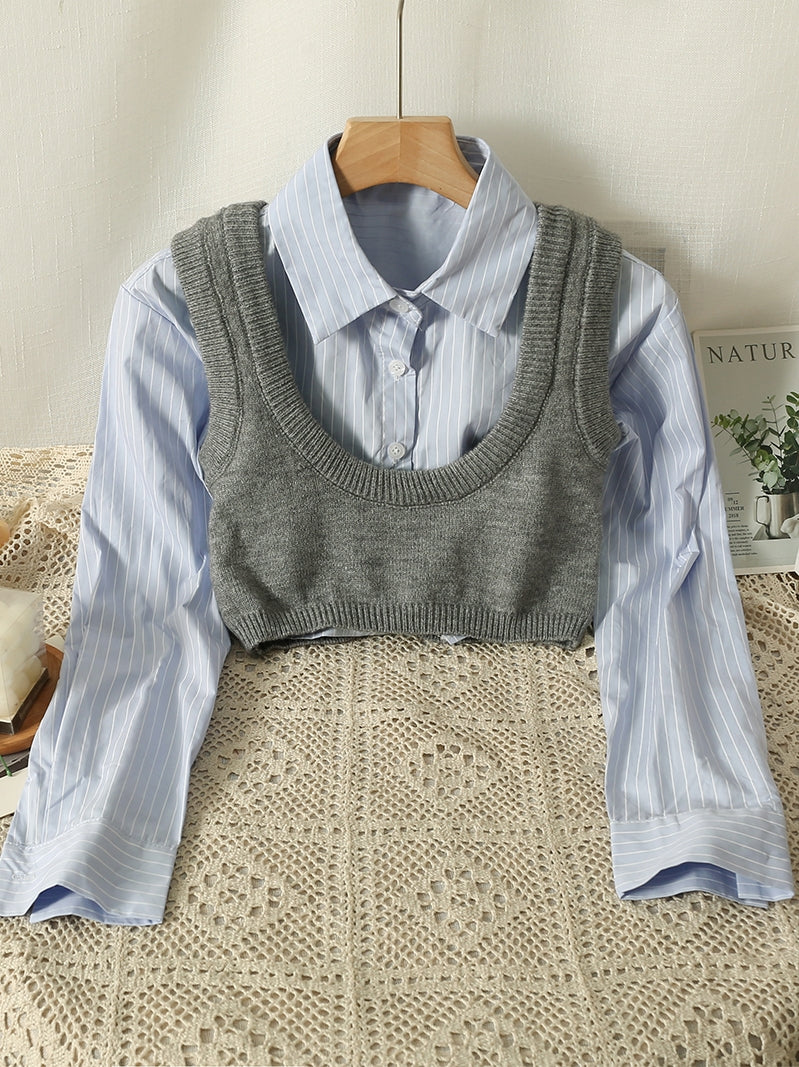 Blue Shirt And Grey Vest Two-Piece Set