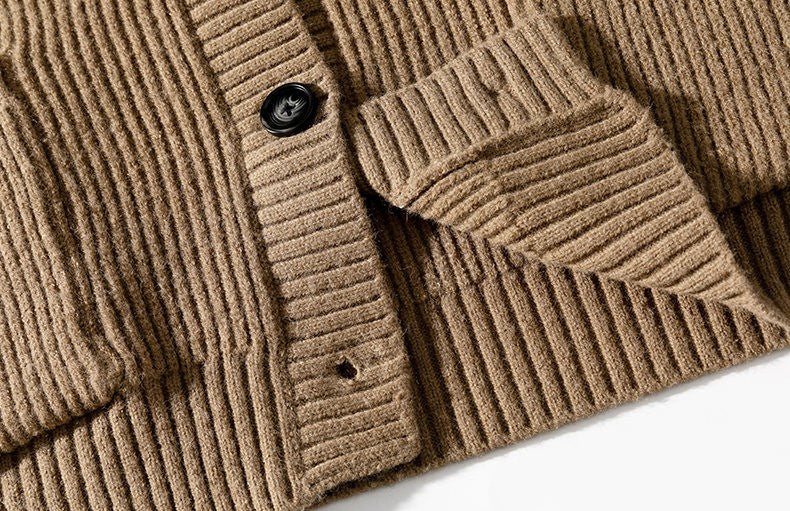 Brown Double Pocket Ribbed Cardigan
