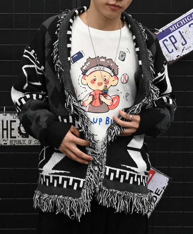 Black Aztec Frilled Cardigan