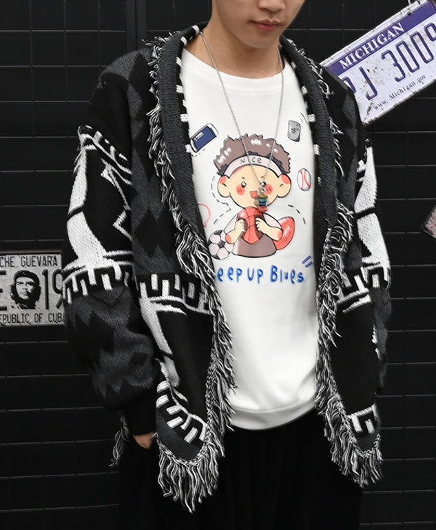Black Aztec Frilled Cardigan
