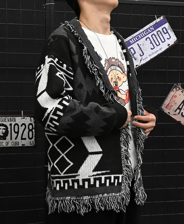 Black Aztec Frilled Cardigan