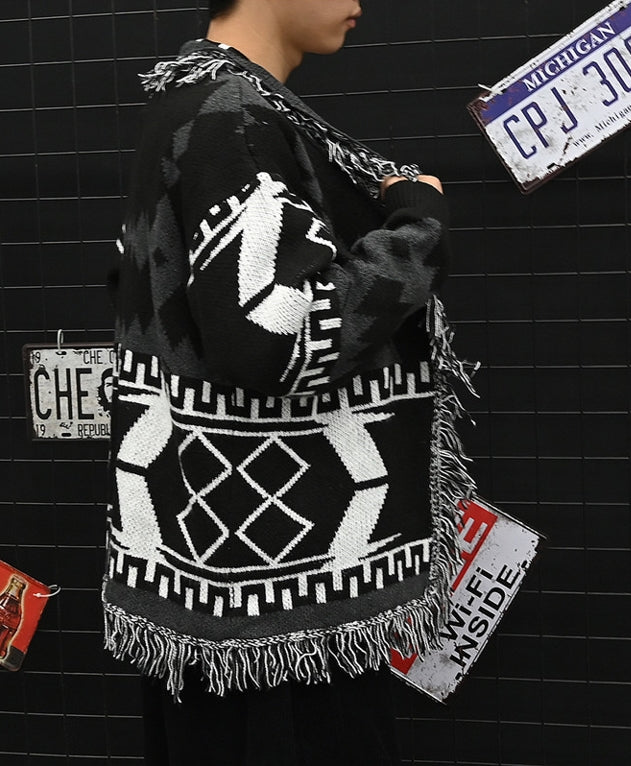 Black Aztec Frilled Cardigan