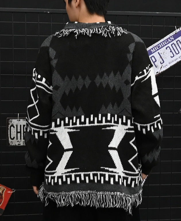 Black Aztec Frilled Cardigan