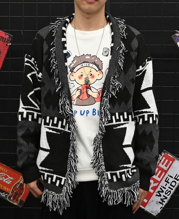 Black Aztec Frilled Cardigan