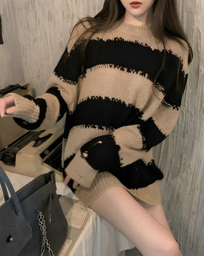 Beige Distressed Sweater With Stripe Pattern