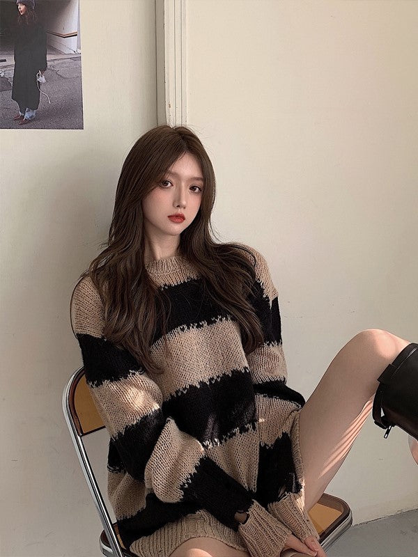 Beige Distressed Sweater With Stripe Pattern