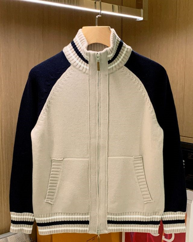 Beige Zip-Up Stand Collar Cardigan