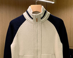 Beige Zip-Up Stand Collar Cardigan