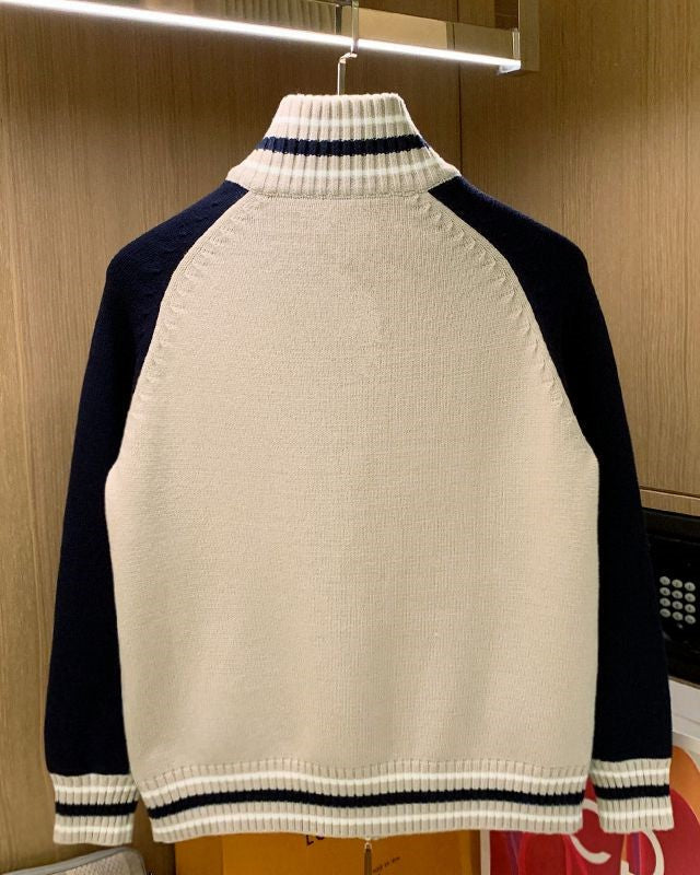 Beige Zip-Up Stand Collar Cardigan