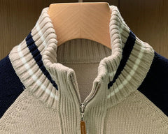Beige Zip-Up Stand Collar Cardigan