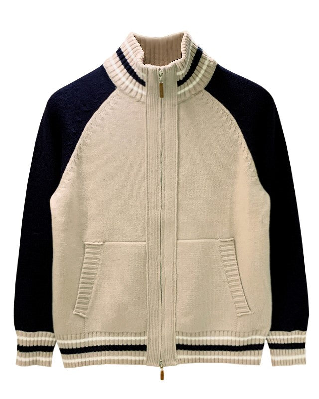Beige Zip-Up Stand Collar Cardigan