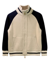 Beige Zip-Up Stand Collar Cardigan
