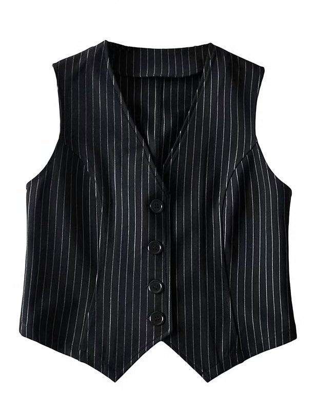 Black Striped Button-Up Vest