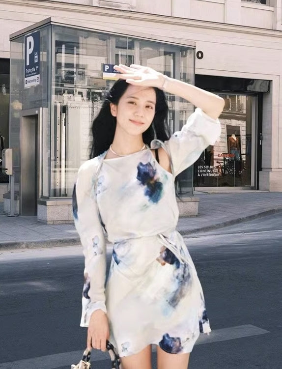 Blue Tie-Dyed Floral Print Dress